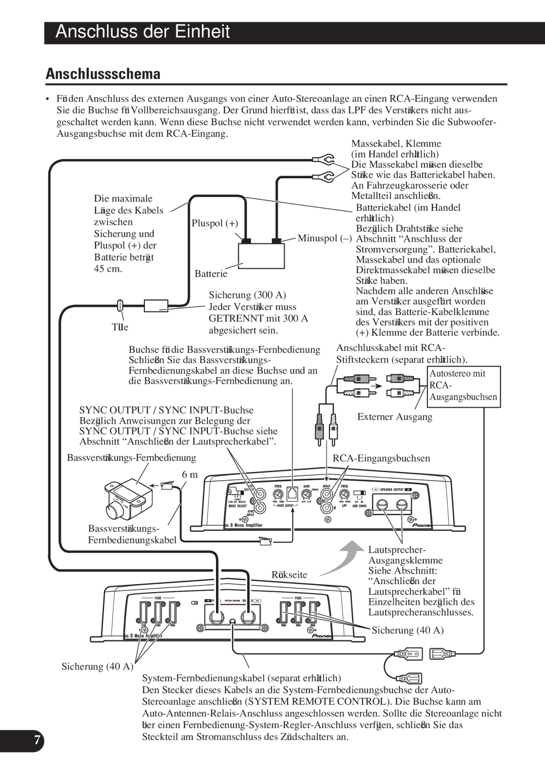 Pioneer D2000SPL owner manual Anschlussschema, + Klemme der Batterie verbinde, Anschlusskabel mit RCA, Rca 