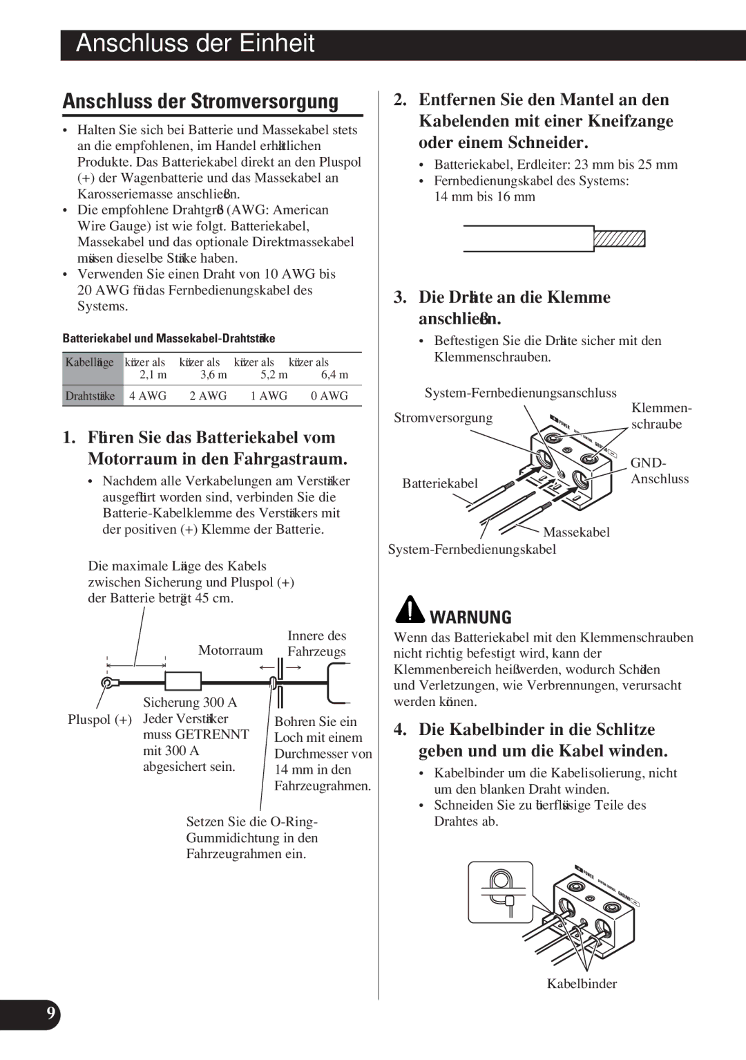 Pioneer D2000SPL owner manual Die Drähte an die Klemme anschließen, Mit 300 a, Abgesichert sein Mm in den, Schraube 