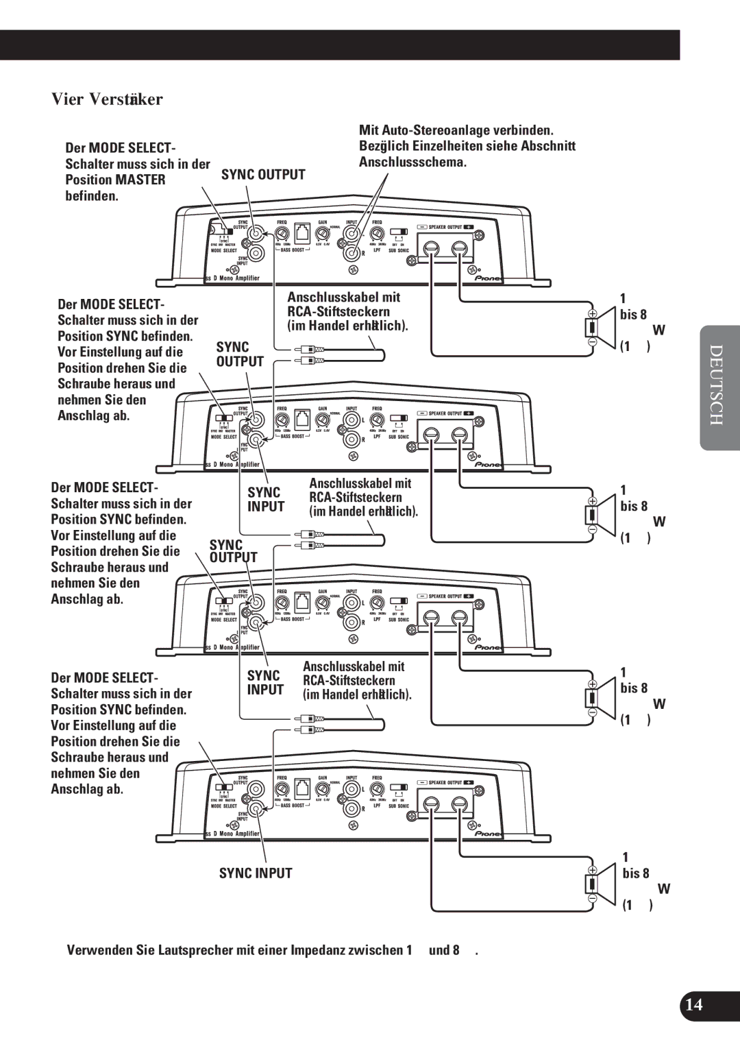 Pioneer D2000SPL owner manual Vier Verstärker, Der Mode Select, Schalter muss sich in der Anschlussschema Position Master 