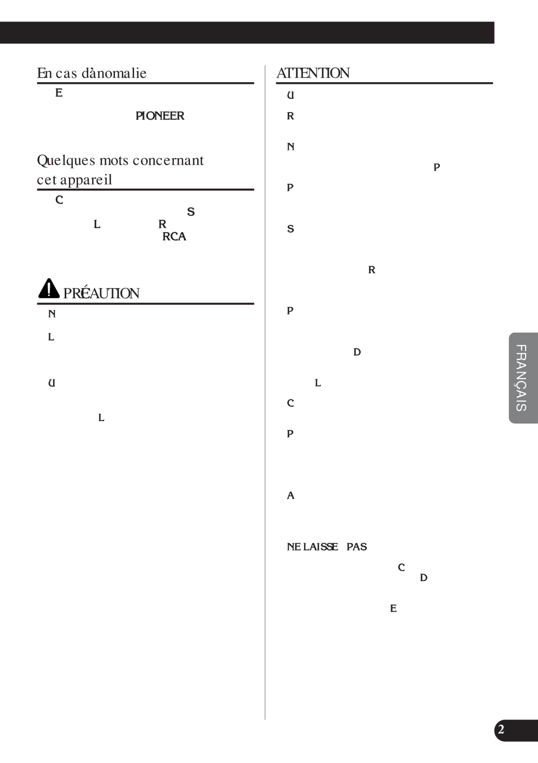 Pioneer D2000SPL owner manual En cas d’anomalie, Quelques mots concernant cet appareil 