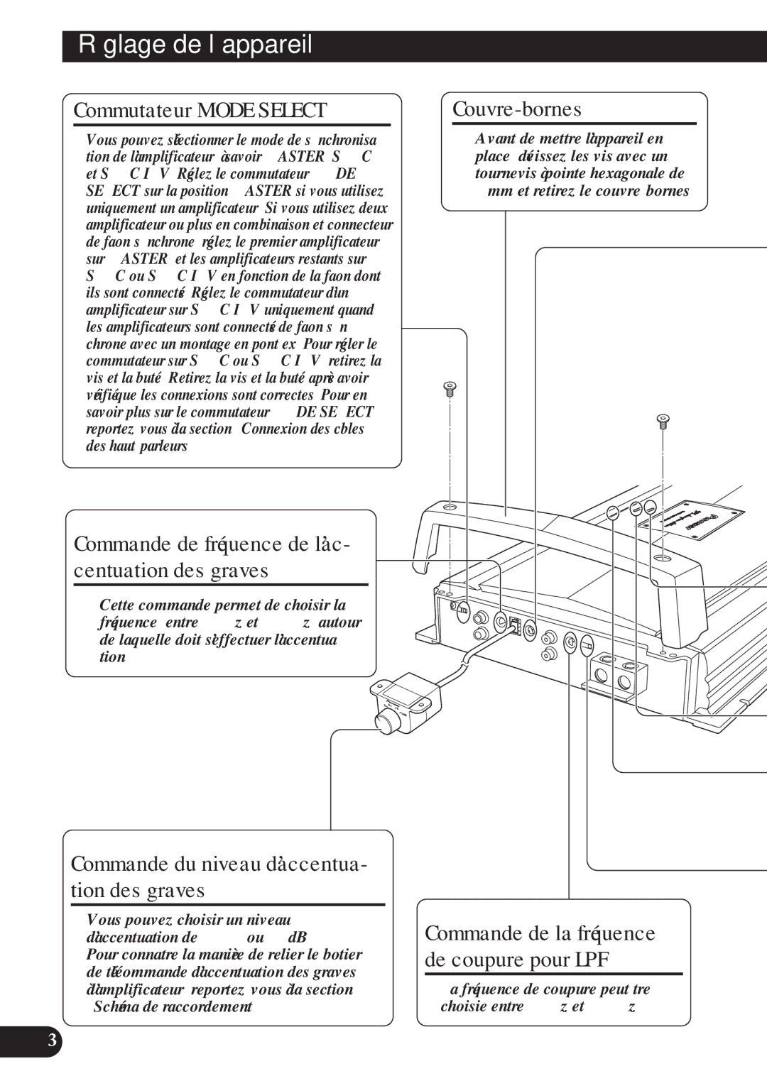 Pioneer D2000SPL Réglage de l’appareil, Commutateur Mode Select, Commande de fréquence de l’ac- centuation des graves 