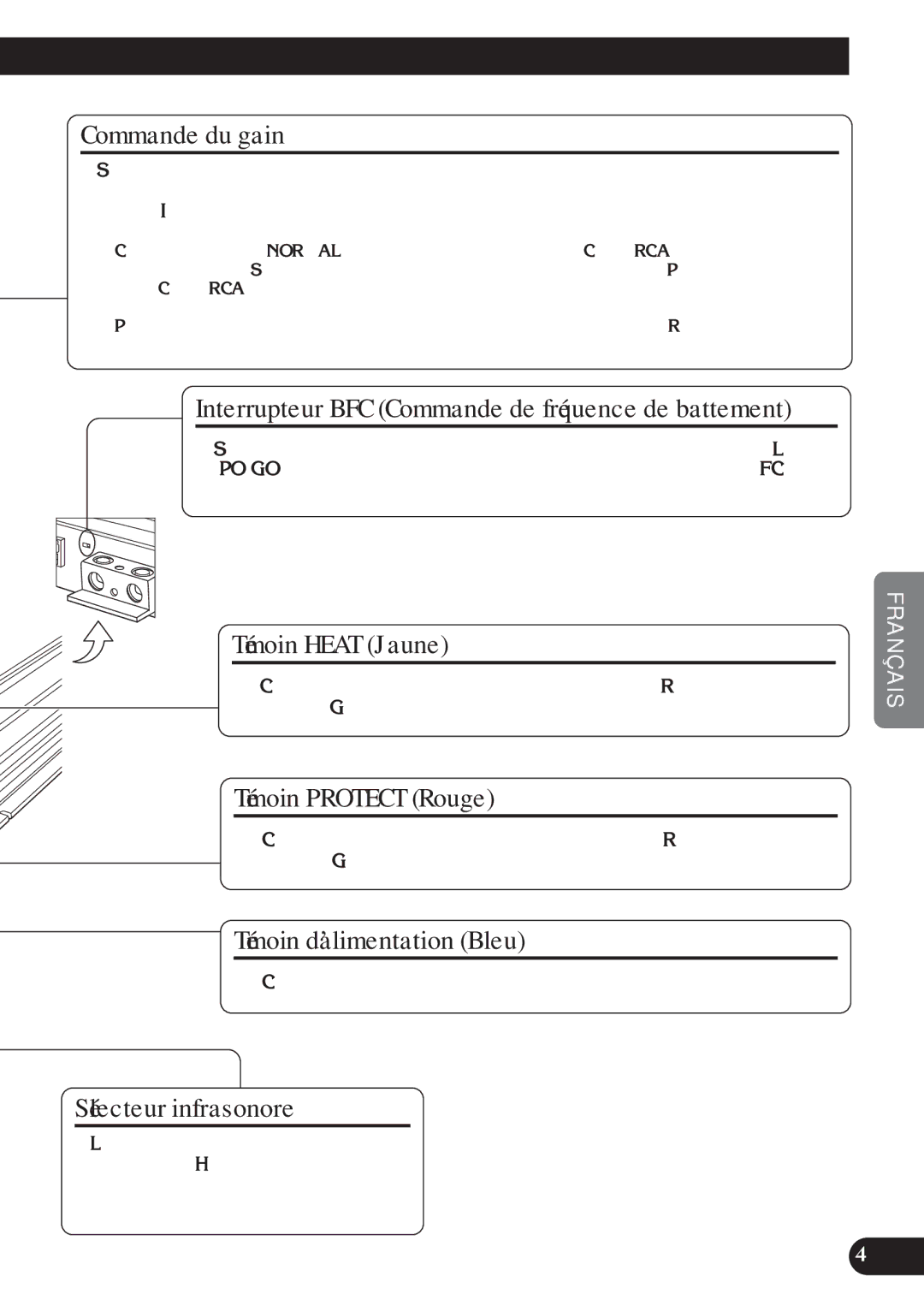 Pioneer D2000SPL owner manual Commande du gain, Témoin Heat Jaune, Témoin Protect Rouge, Témoin d’alimentation Bleu 