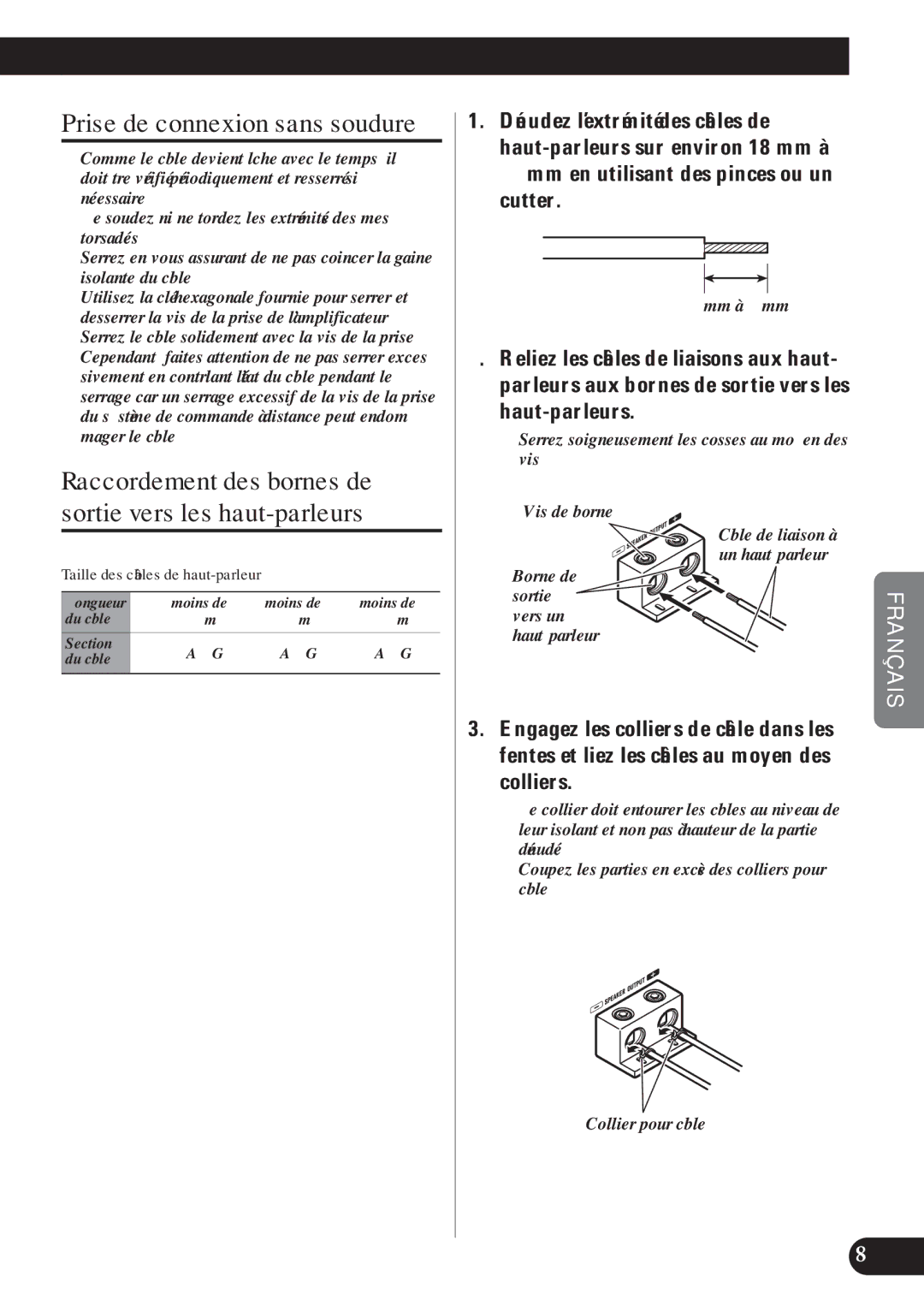 Pioneer D2000SPL owner manual Raccordement des bornes de sortie vers les haut-parleurs, 18 mm à 20 mm 