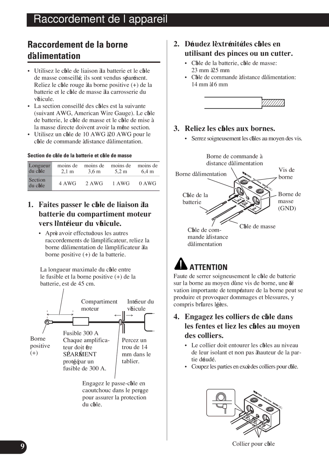 Pioneer D2000SPL owner manual Raccordement de la borne d’alimentation, Reliez les câbles aux bornes, Séparément 