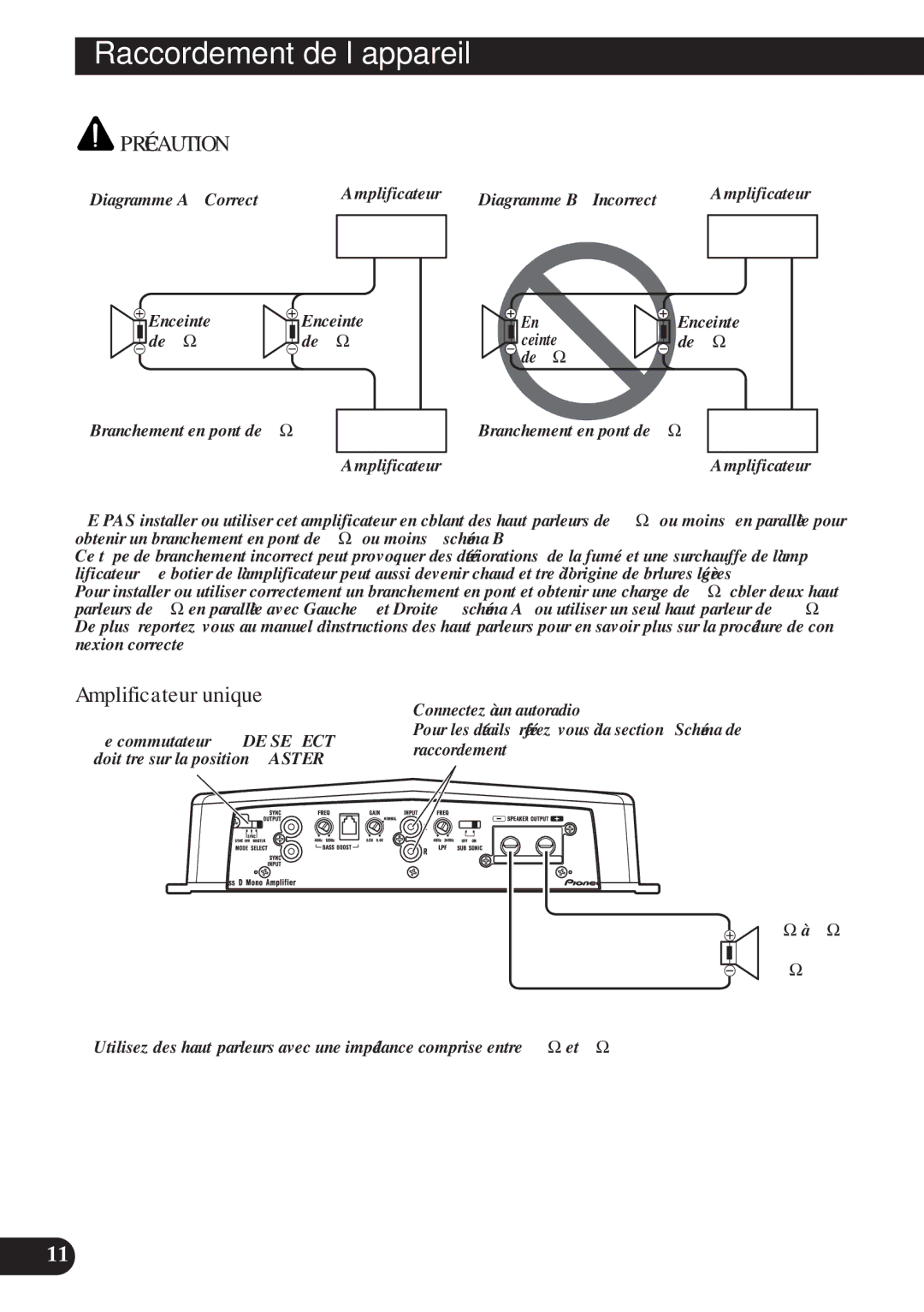 Pioneer D2000SPL Amplificateur unique, Diagramme a Correct Amplificateur Enceinte, Connectez à un autoradio, Raccordement 