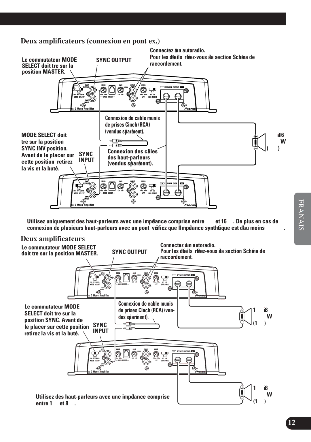 Pioneer D2000SPL owner manual Deux amplificateurs connexion en pont ex 