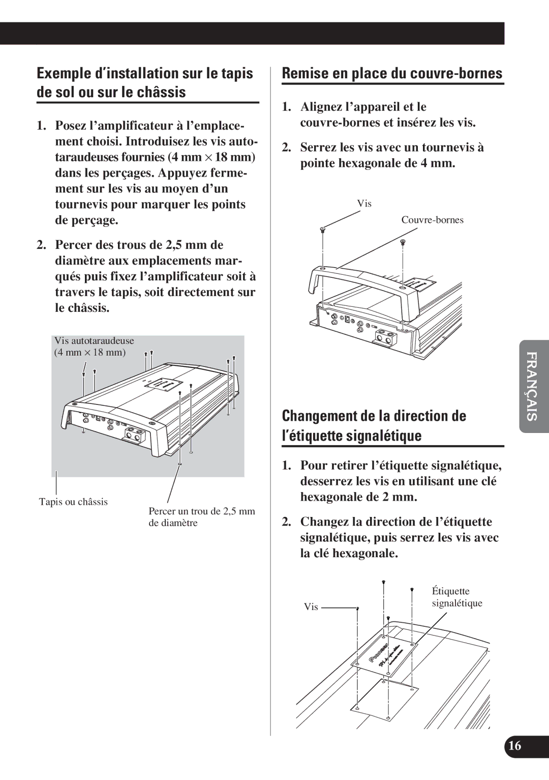 Pioneer D2000SPL owner manual Changement de la direction de l’étiquette signalétique, Vis Couvre-bornes, Étiquette 