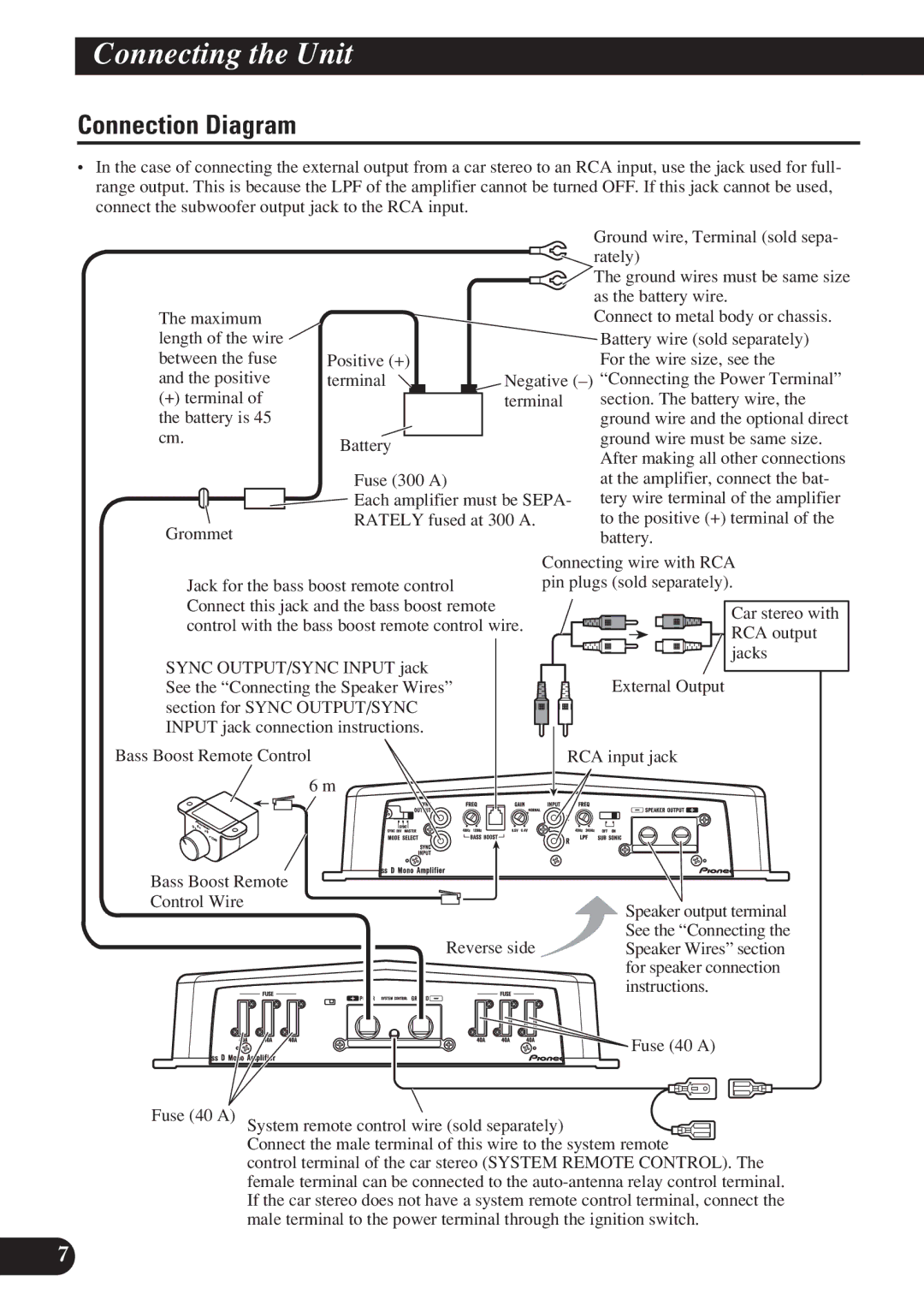 Pioneer D2000SPL owner manual Connection Diagram, Bass Boost Remote Control, Reverse side, Instructions, Fuse 40 a 