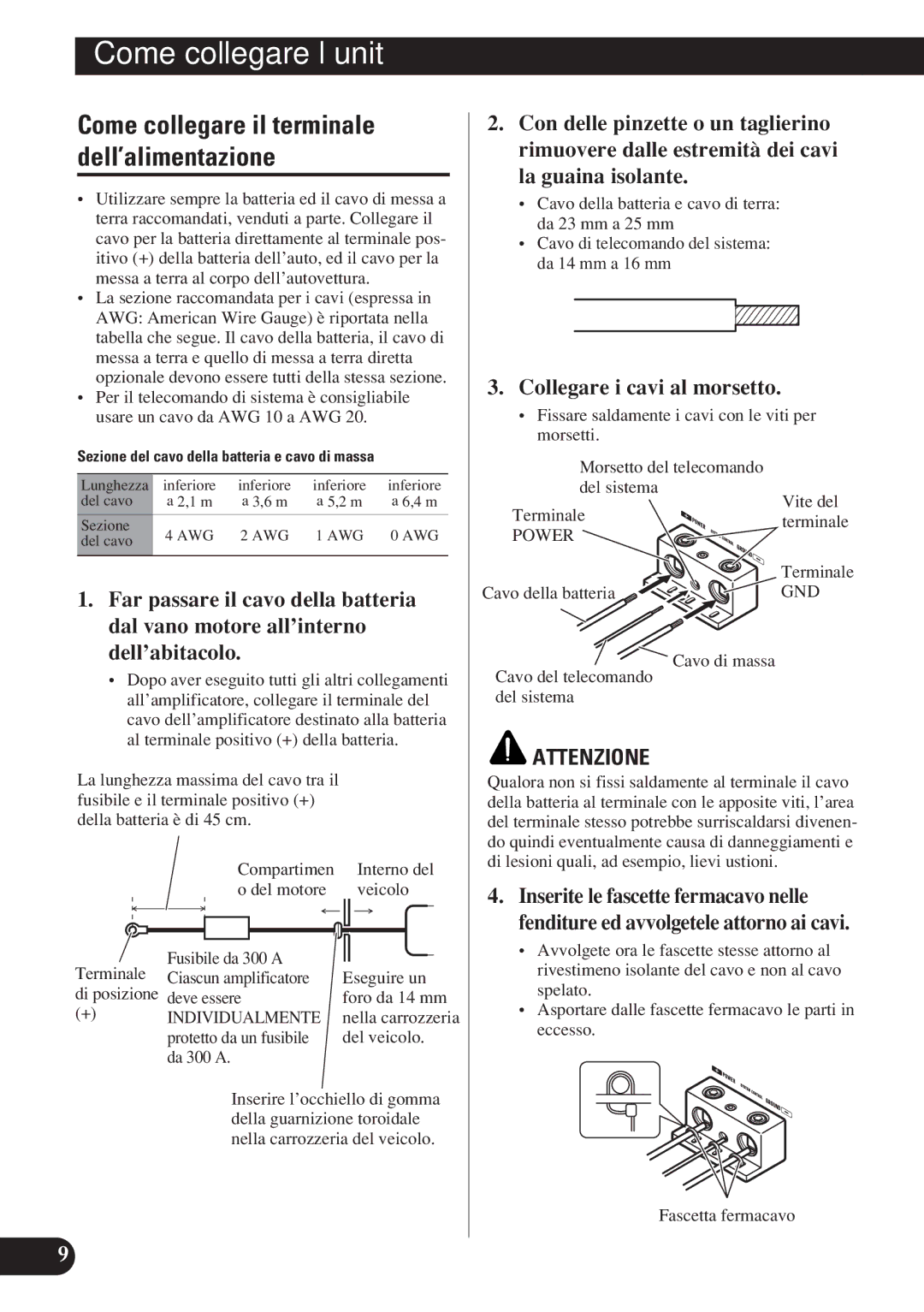 Pioneer D2000SPL owner manual Come collegare il terminale dell’alimentazione, Collegare i cavi al morsetto 