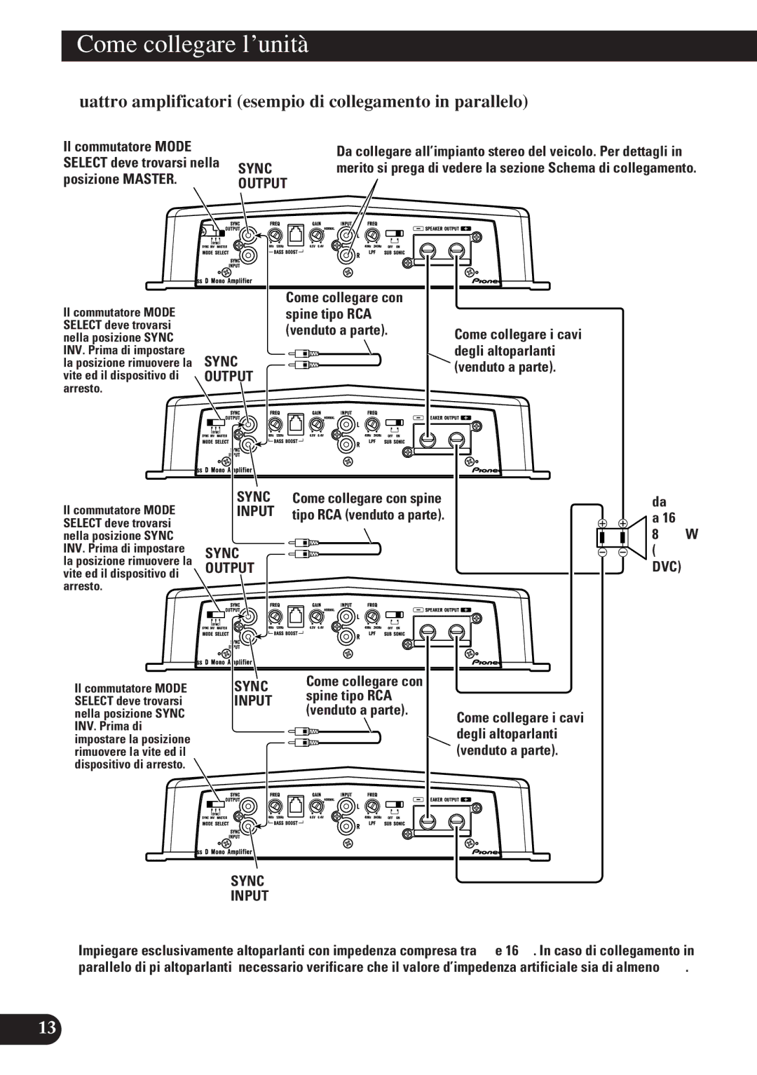 Pioneer D2000SPL owner manual Quattro amplificatori esempio di collegamento in parallelo, Select deve trovarsi nella Sync 