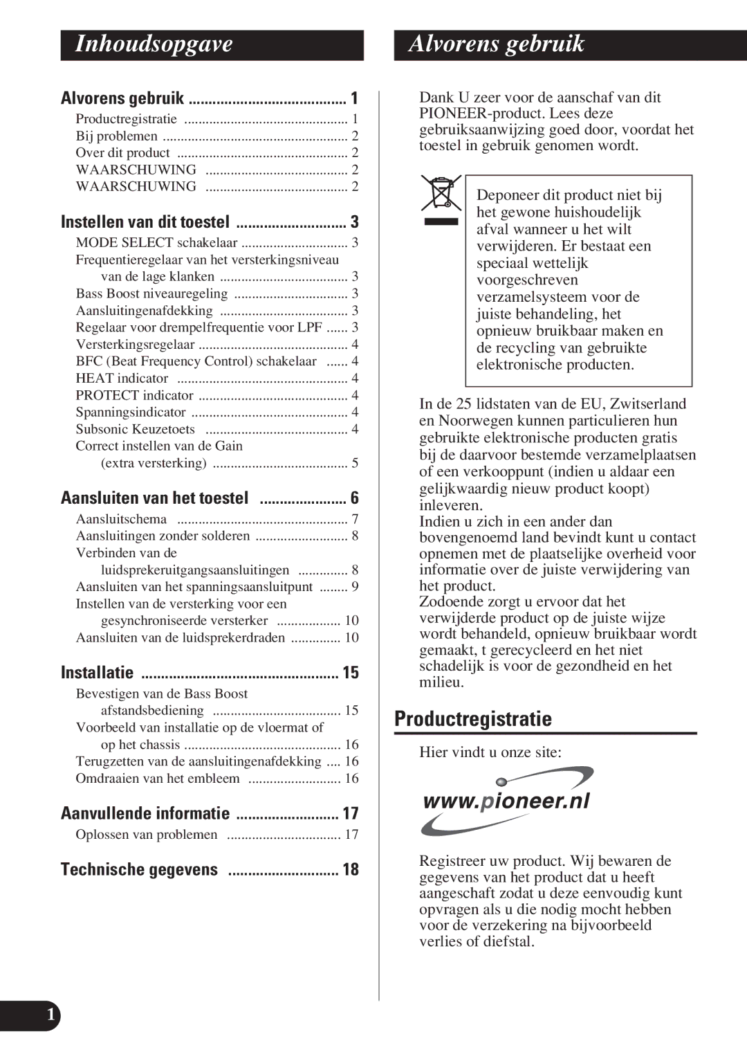 Pioneer D2000SPL owner manual Inhoudsopgave, Alvorens gebruik, Productregistratie 