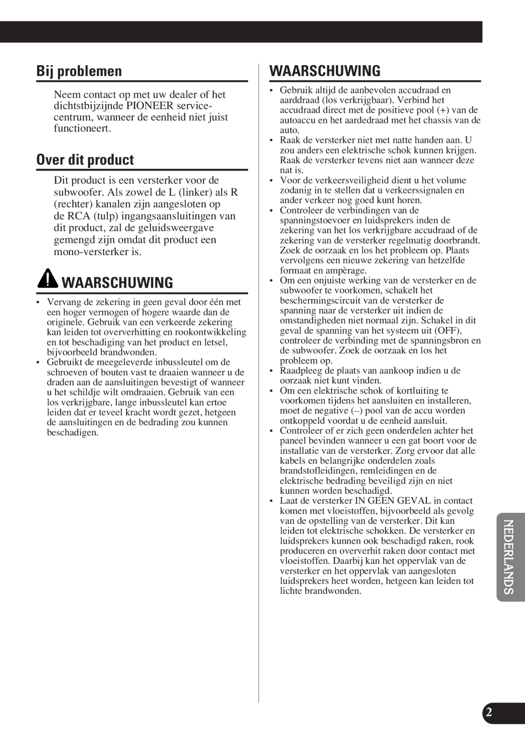 Pioneer D2000SPL owner manual Bij problemen, Over dit product 