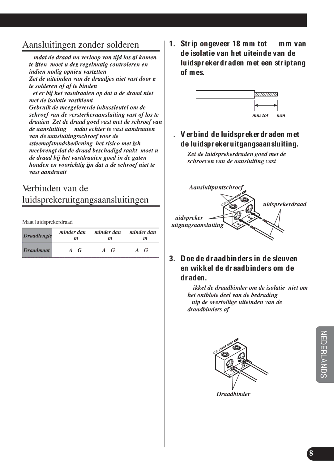 Pioneer D2000SPL owner manual Aansluitingen zonder solderen, Verbinden van de luidsprekeruitgangsaansluitingen 