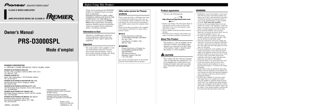 Pioneer D3000SPL owner manual Before Using This Product, Information to User, After-sales service for Pioneer products 