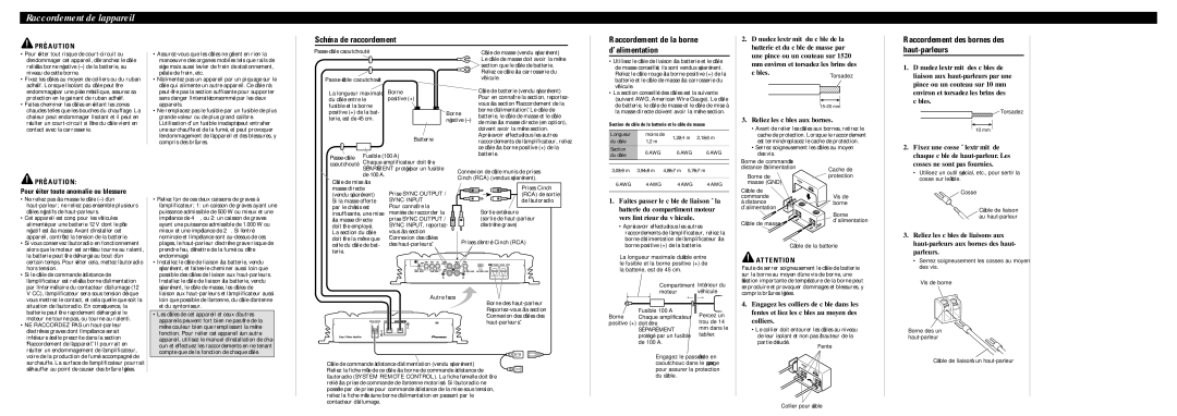 Pioneer D3000SPL Raccordement de l’appareil, Schéma de raccordement, Raccordement de la borne d’alimentation, Précaution 