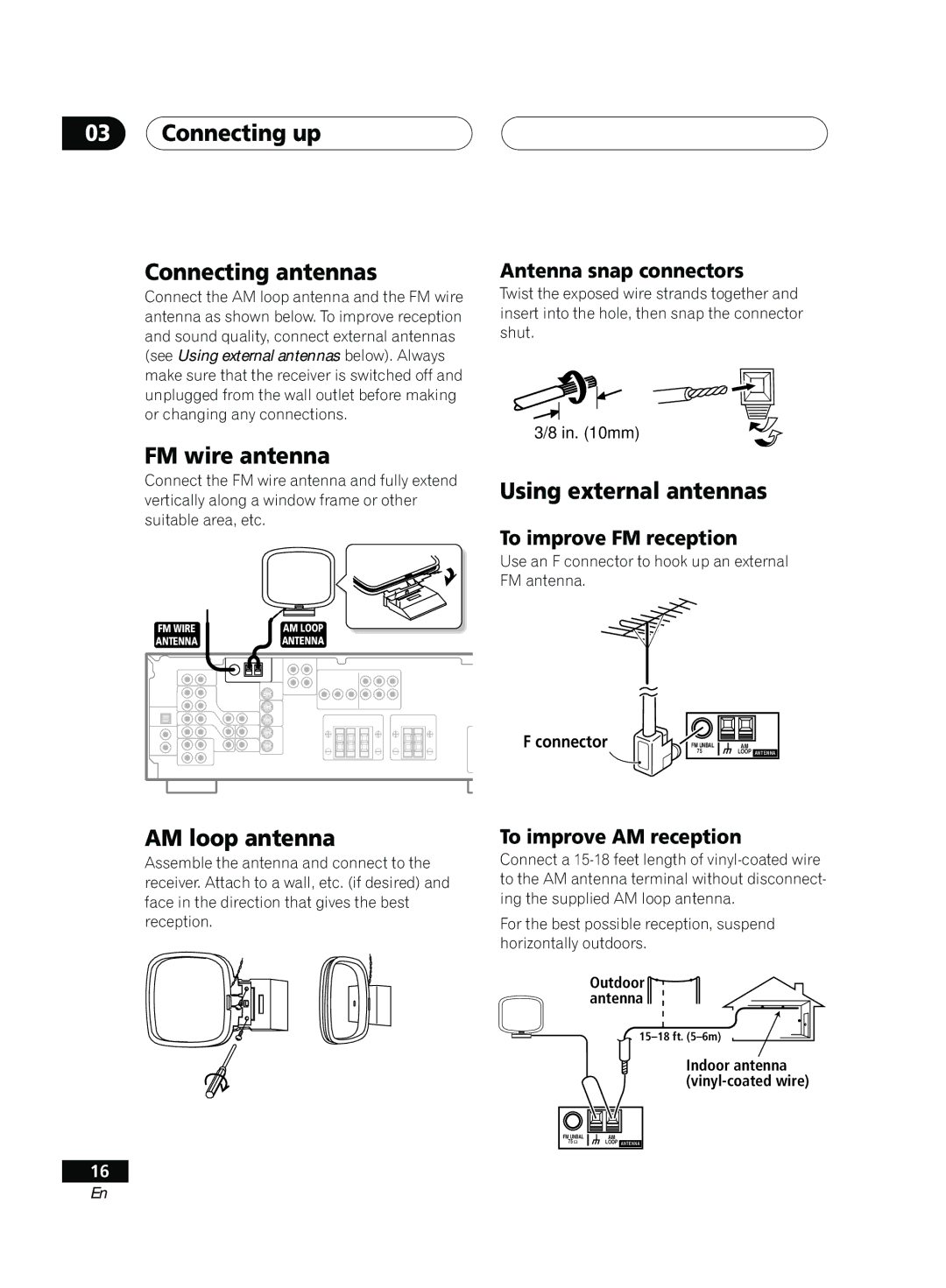 Pioneer D514, VSX-D414 manual Connecting up Connecting antennas, FM wire antenna, Using external antennas, AM loop antenna 