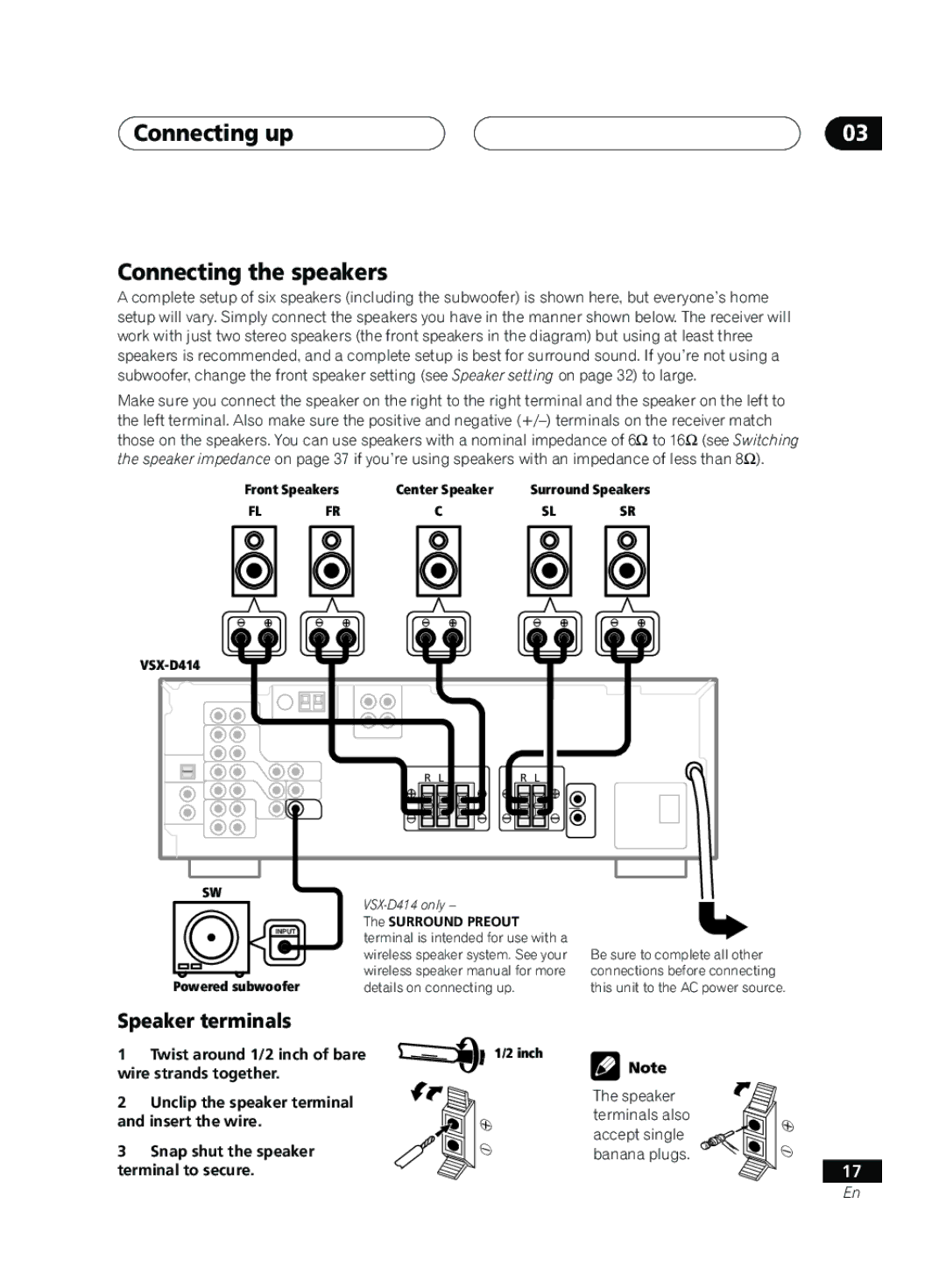 Pioneer VSX-D414, D514 manual Connecting up Connecting the speakers, Speaker terminals 