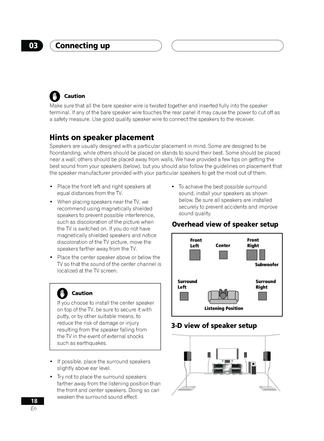 Pioneer D514, VSX-D414 manual Hints on speaker placement, Overhead view of speaker setup, View of speaker setup 