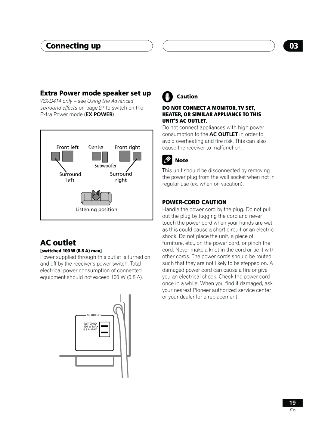 Pioneer VSX-D414, D514 manual AC outlet, Extra Power mode speaker set up 