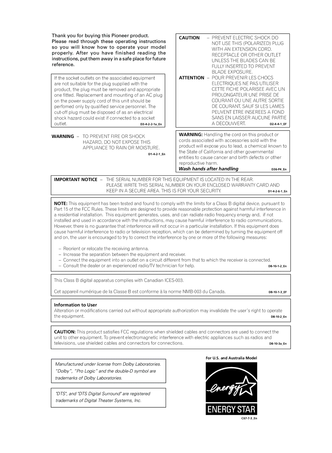 Pioneer D514, VSX-D414 manual Wash hands after handling 