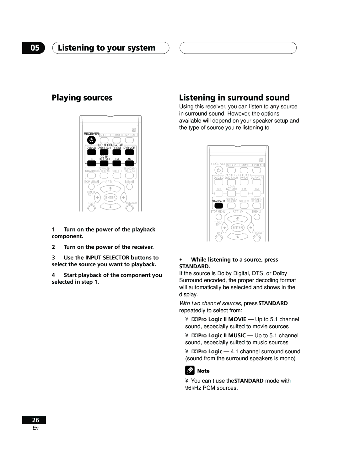 Pioneer D514 Listening to your system Playing sources, Listening in surround sound, While listening to a source, press 