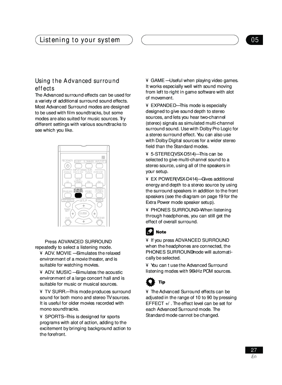 Pioneer VSX-D414, D514 manual Listening to your system, Using the Advanced surround effects 