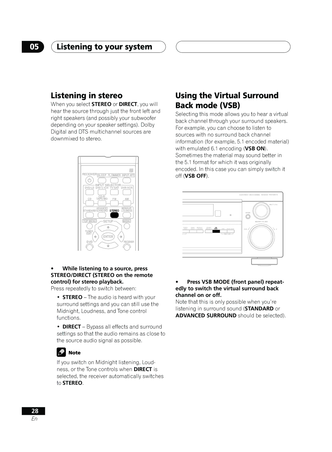 Pioneer D514, VSX-D414 manual Listening to your system Listening in stereo, Using the Virtual Surround Back mode VSB 