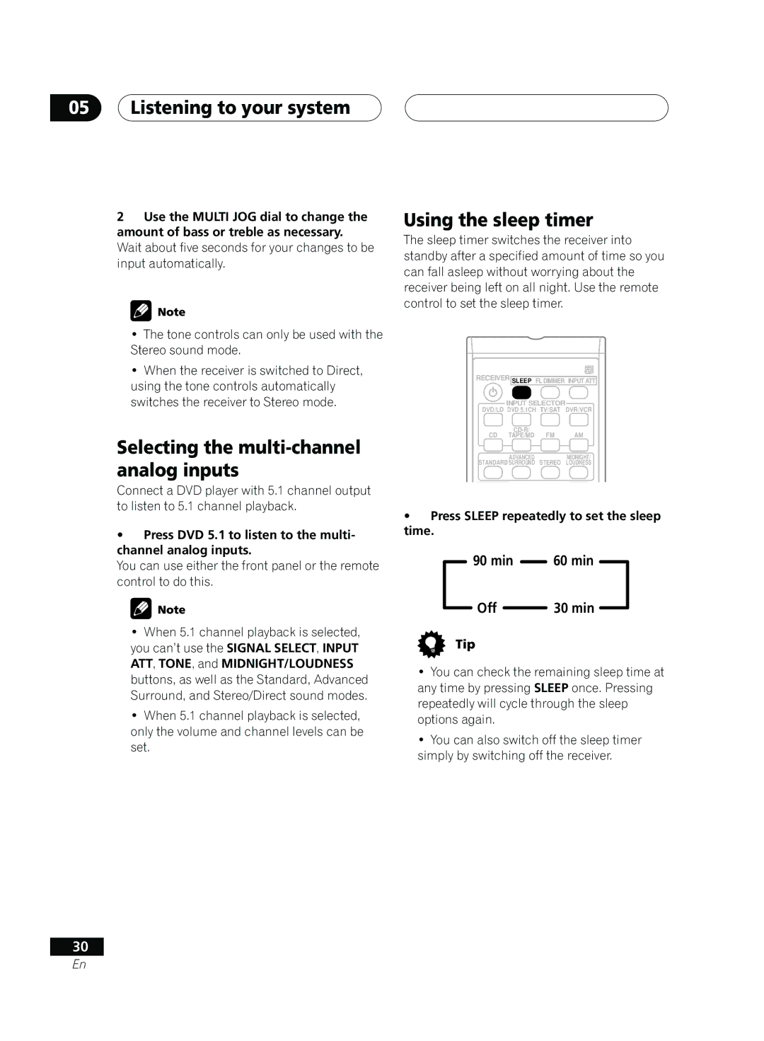 Pioneer D514, VSX-D414 manual Selecting the multi-channel analog inputs, Using the sleep timer 