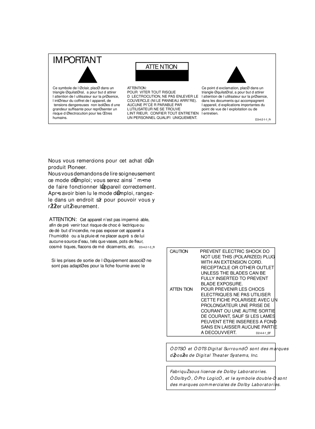 Pioneer D514, VSX-D414 manual NE PAS Ouvrir 