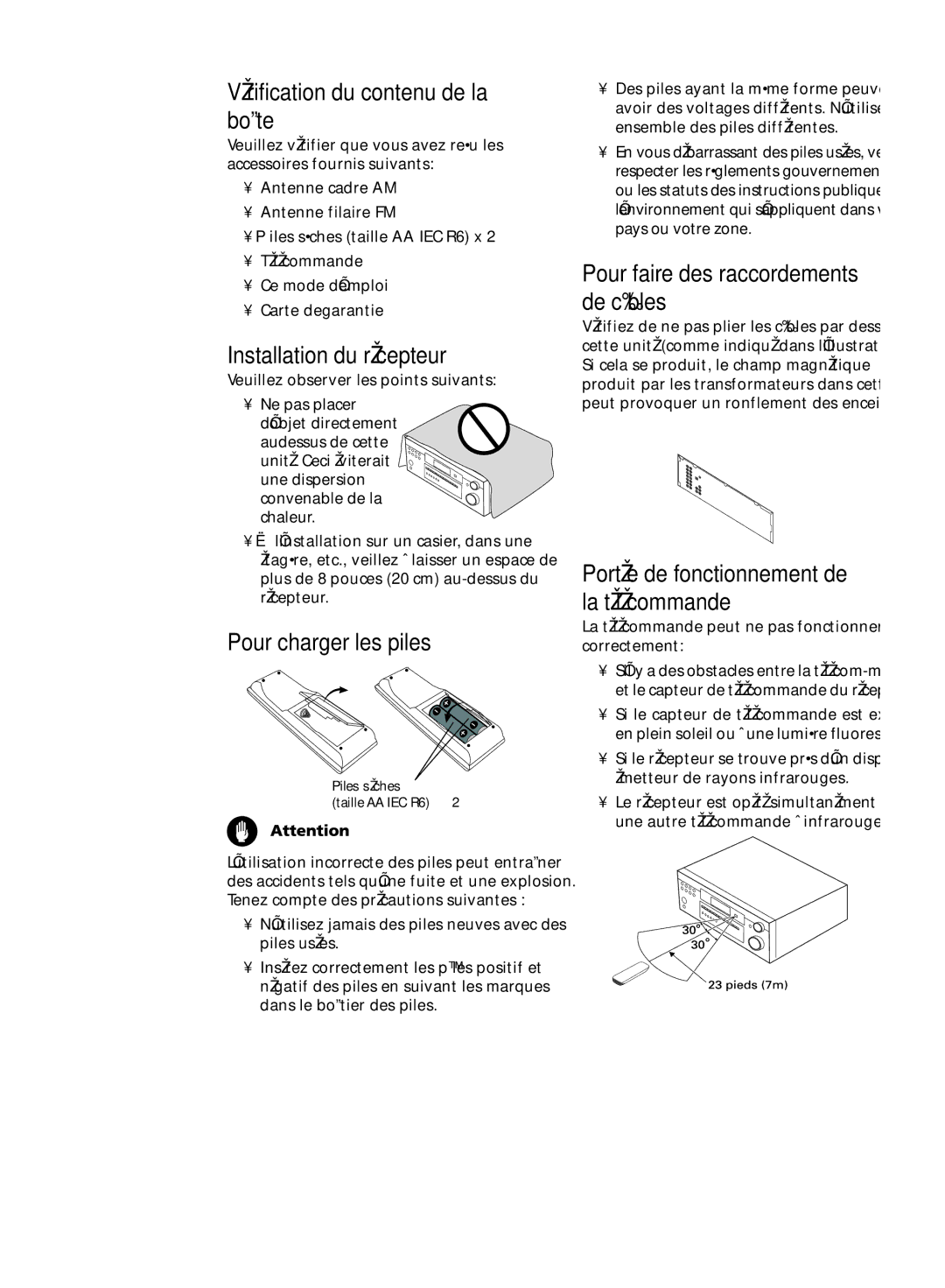 Pioneer VSX-D414, D514 Préparatifs Vérification du contenu de la boîte, Installation du récepteur, Pour charger les piles 