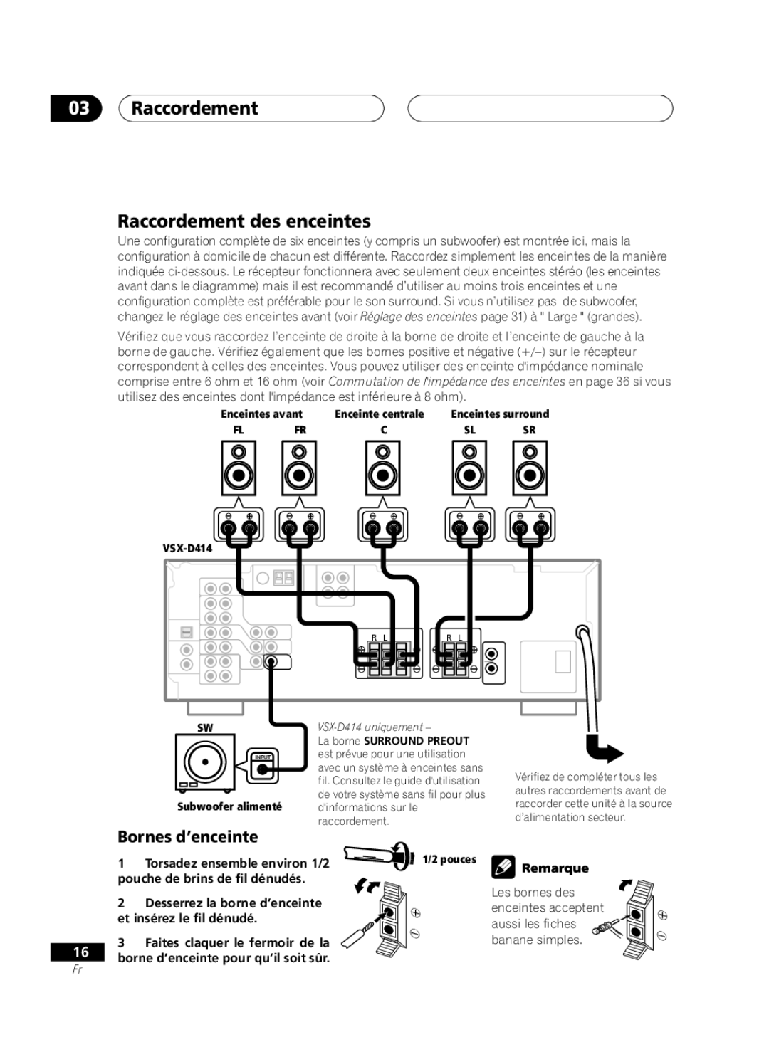 Pioneer D514, VSX-D414 manual Raccordement Raccordement des enceintes, Bornes d’enceinte 