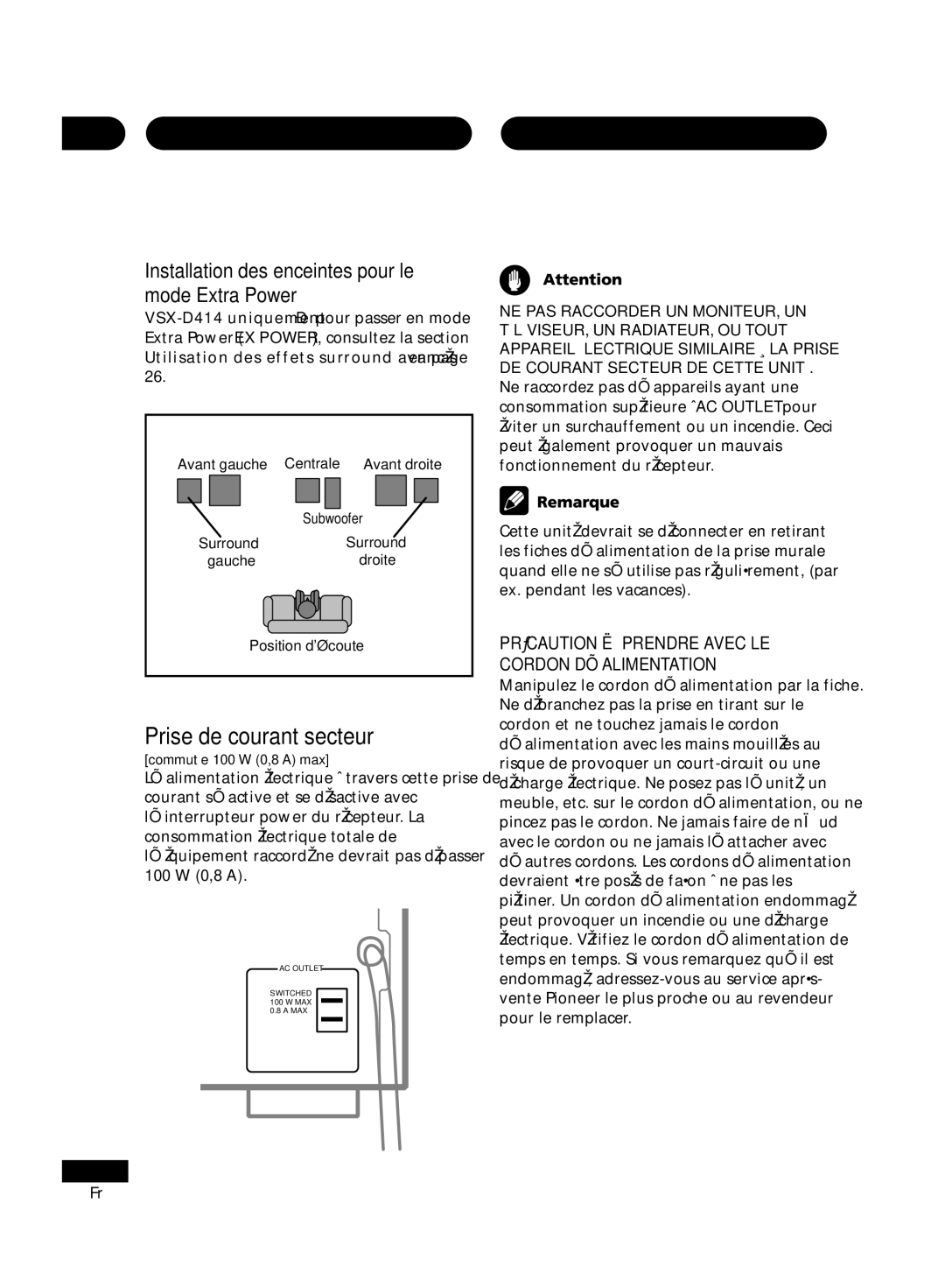 Pioneer D514, VSX-D414 manual Prise de courant secteur, Installation des enceintes pour le mode Extra Power 