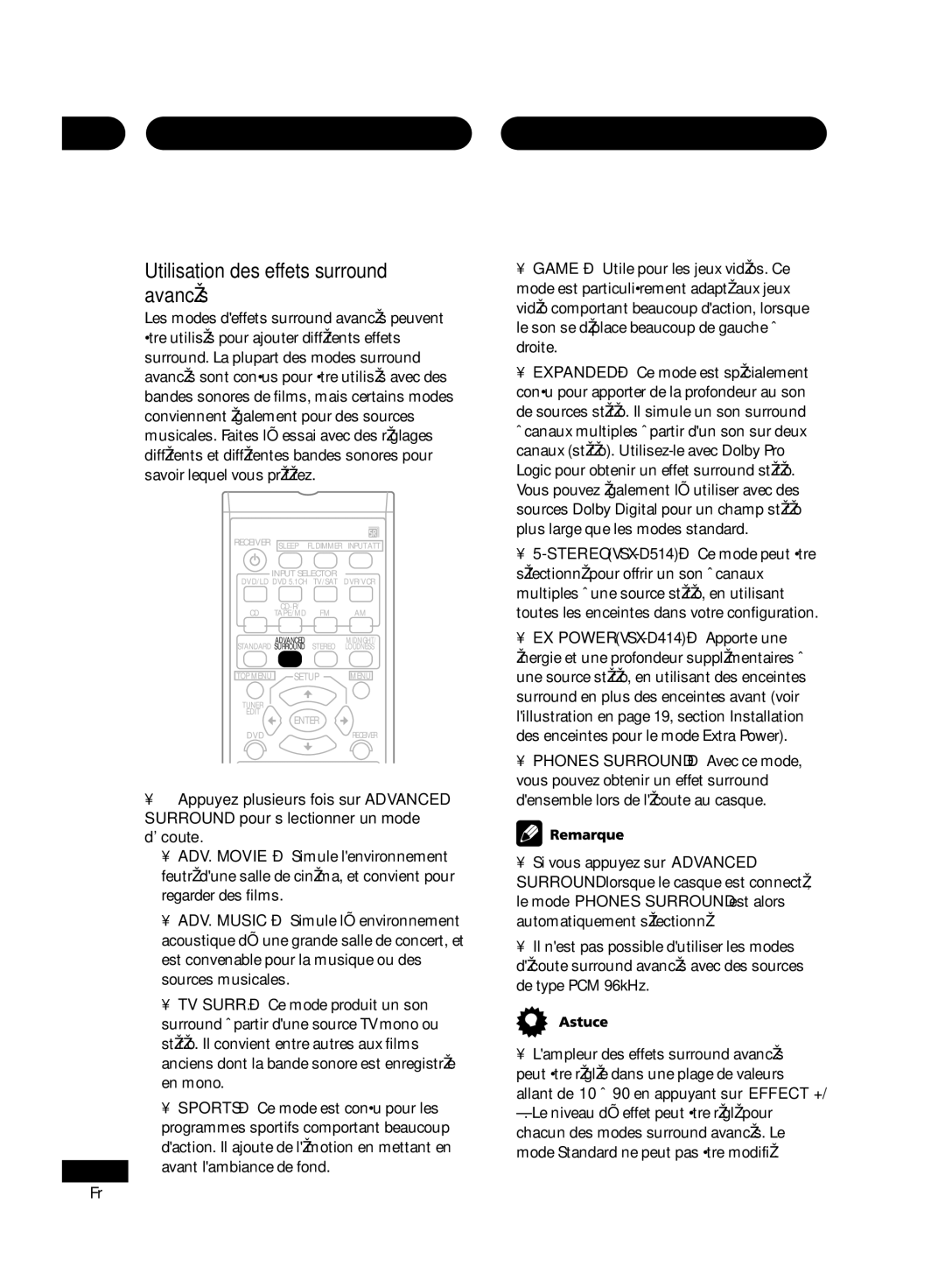 Pioneer D514, VSX-D414 manual Configuration de lécoute, Utilisation des effets surround avancés, Avant lambiance de fond 