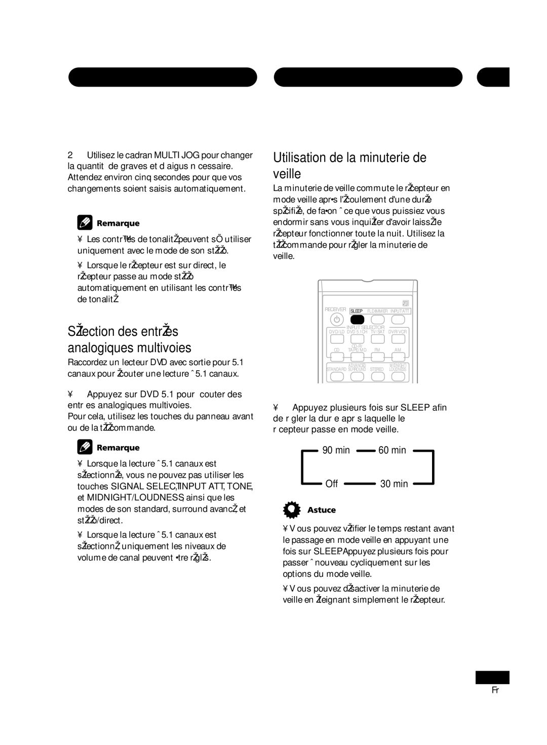 Pioneer VSX-D414, D514 manual Sélection des entrées analogiques multivoies, Utilisation de la minuterie de veille 