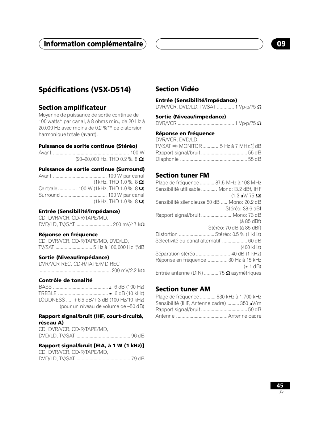 Pioneer VSX-D414 manual Information complémentaire Spécifications VSX-D514, Puissance de sorite continue Stéréo 