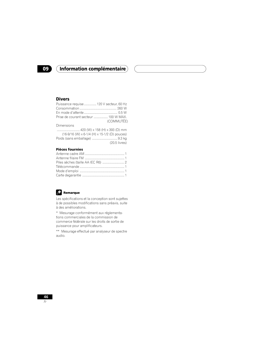Pioneer D514, VSX-D414 manual 09Information complémentaire, Divers 