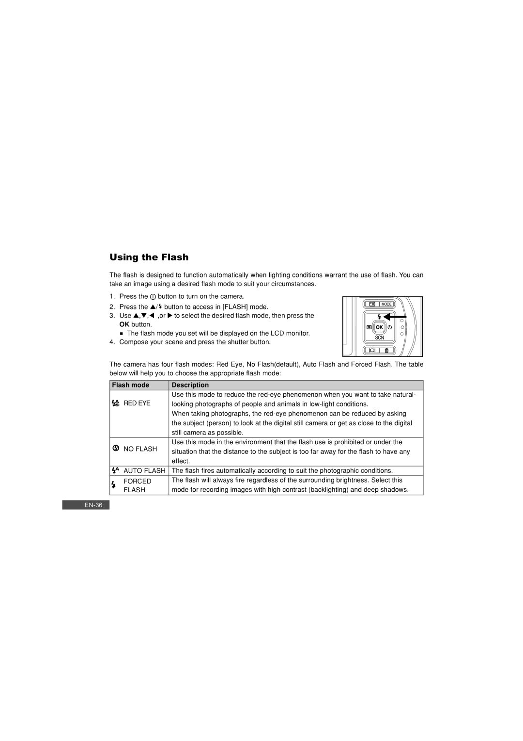 Pioneer DC500 manual Using the Flash, Flash mode Description 