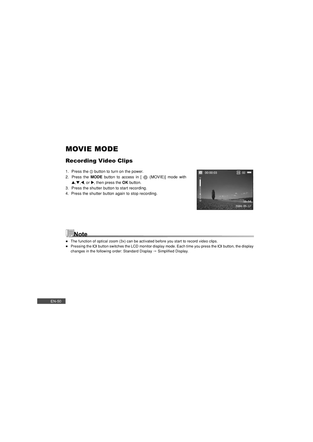 Pioneer DC500 manual Movie Mode, Recording Video Clips 