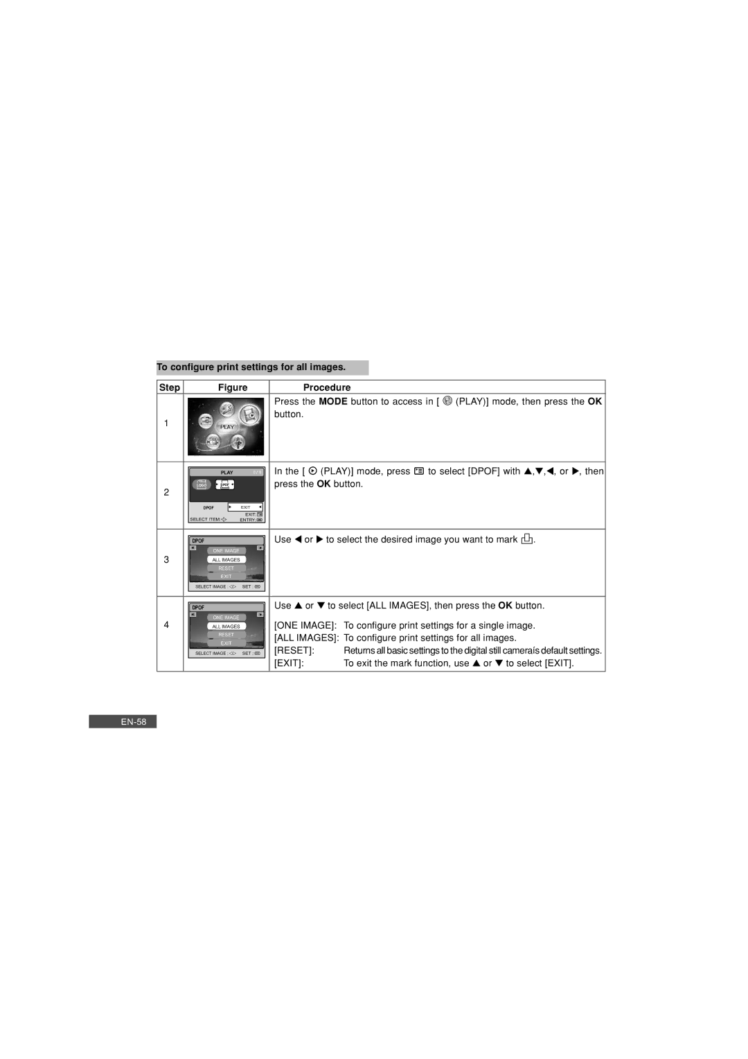 Pioneer DC500 manual To configure print settings for all images Step Procedure 