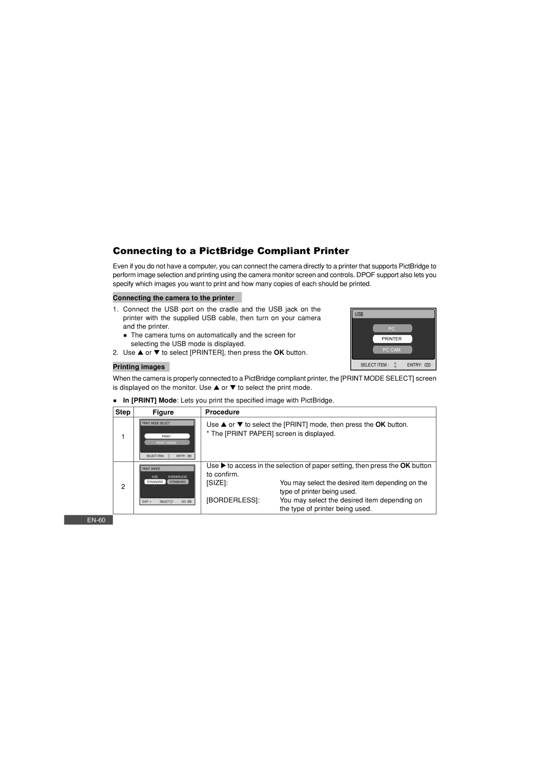 Pioneer DC500 manual Connecting to a PictBridge Compliant Printer, Connecting the camera to the printer, Printing images 