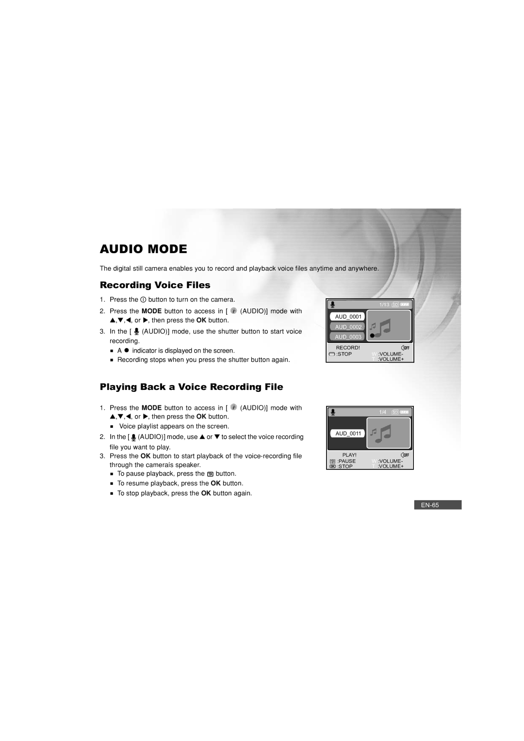 Pioneer DC500 manual Audio Mode, Recording Voice Files, Playing Back a Voice Recording File 