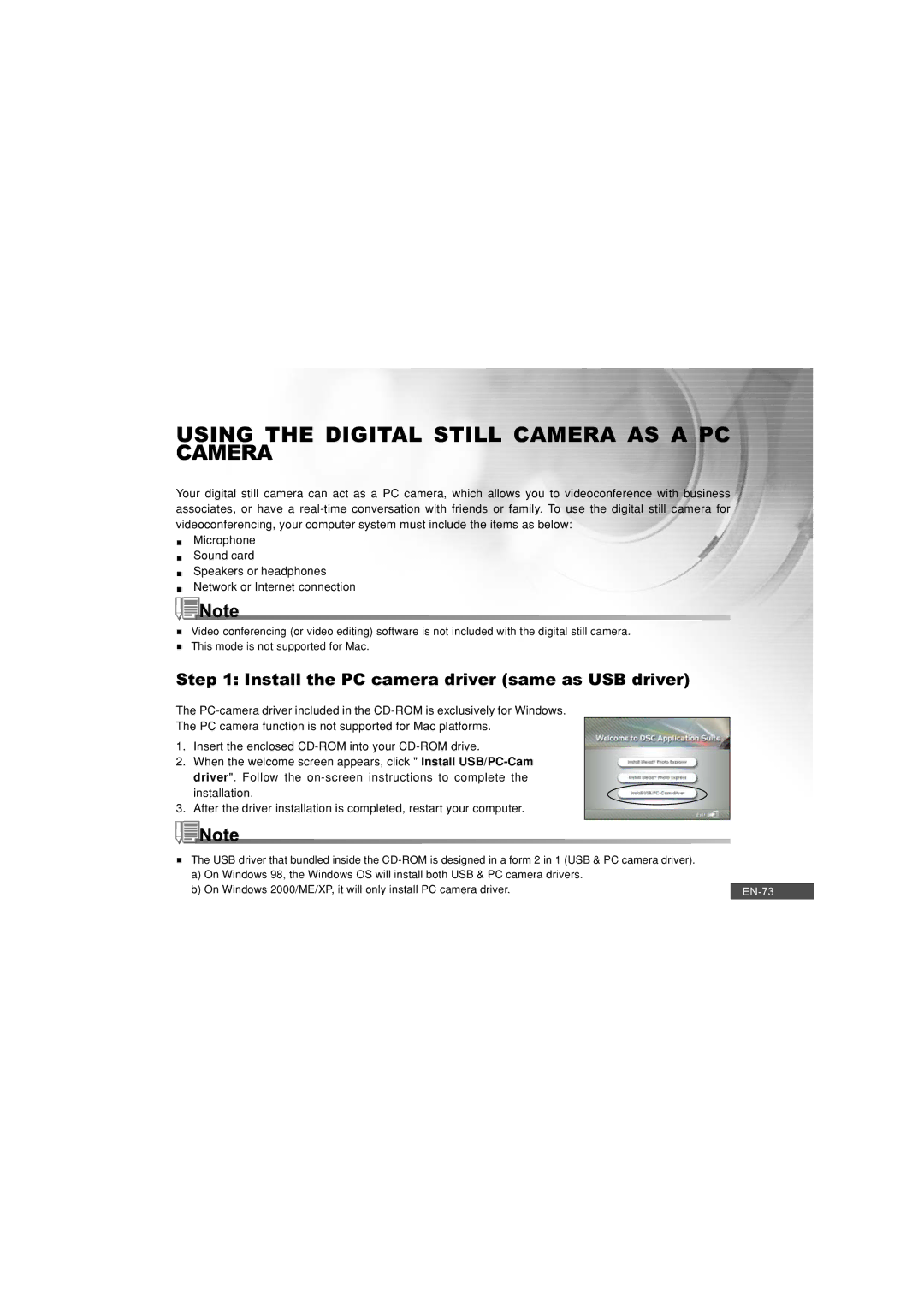 Pioneer DC500 manual Using the Digital Still Camera AS a PC Camera, Install the PC camera driver same as USB driver 