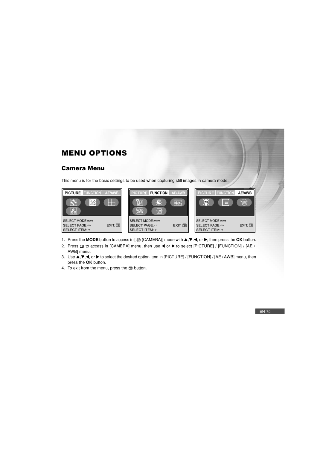 Pioneer DC500 manual Menu Options, Camera Menu 