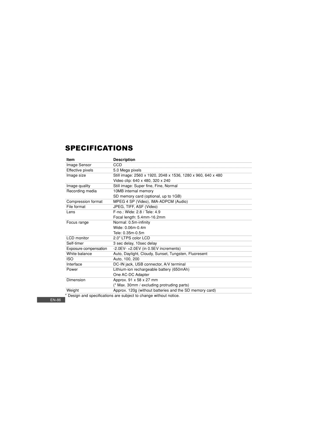 Pioneer DC500 manual Specifications, Ccd 