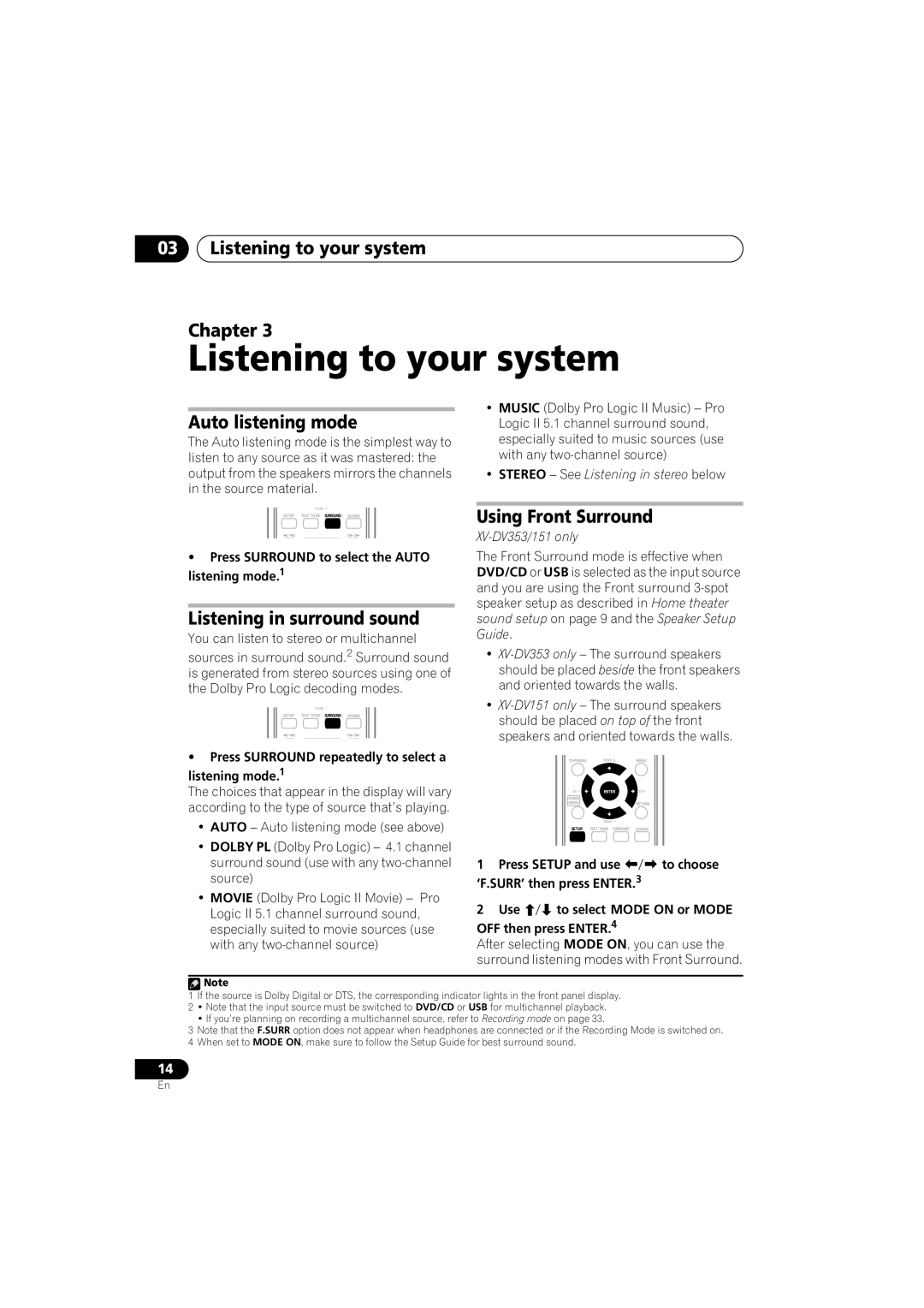 Pioneer DCS-353 Listening to your system Chapter, Auto listening mode, Listening in surround sound 