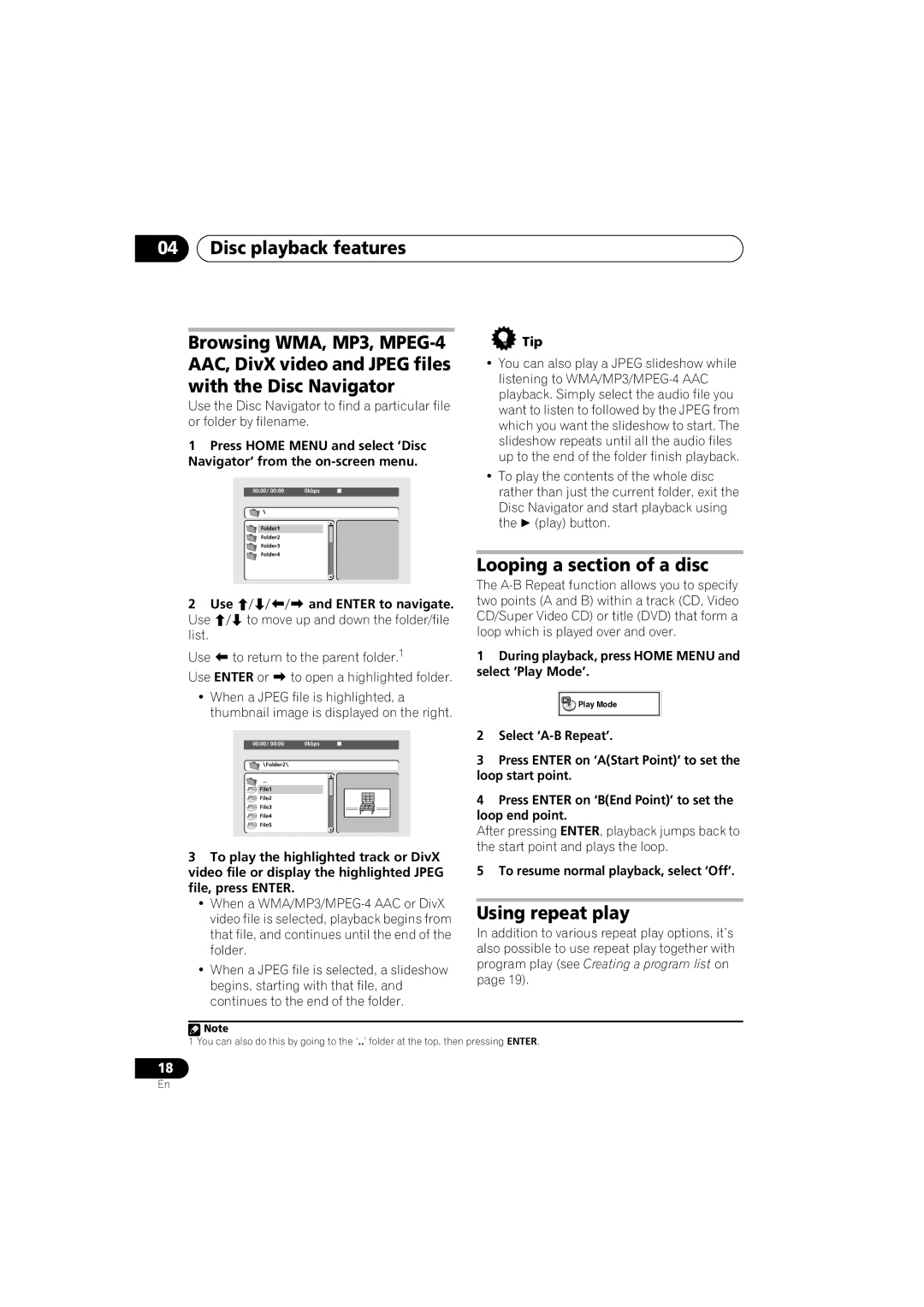 Pioneer DCS-353 operating instructions Looping a section of a disc, Using repeat play, Use Enter to navigate 