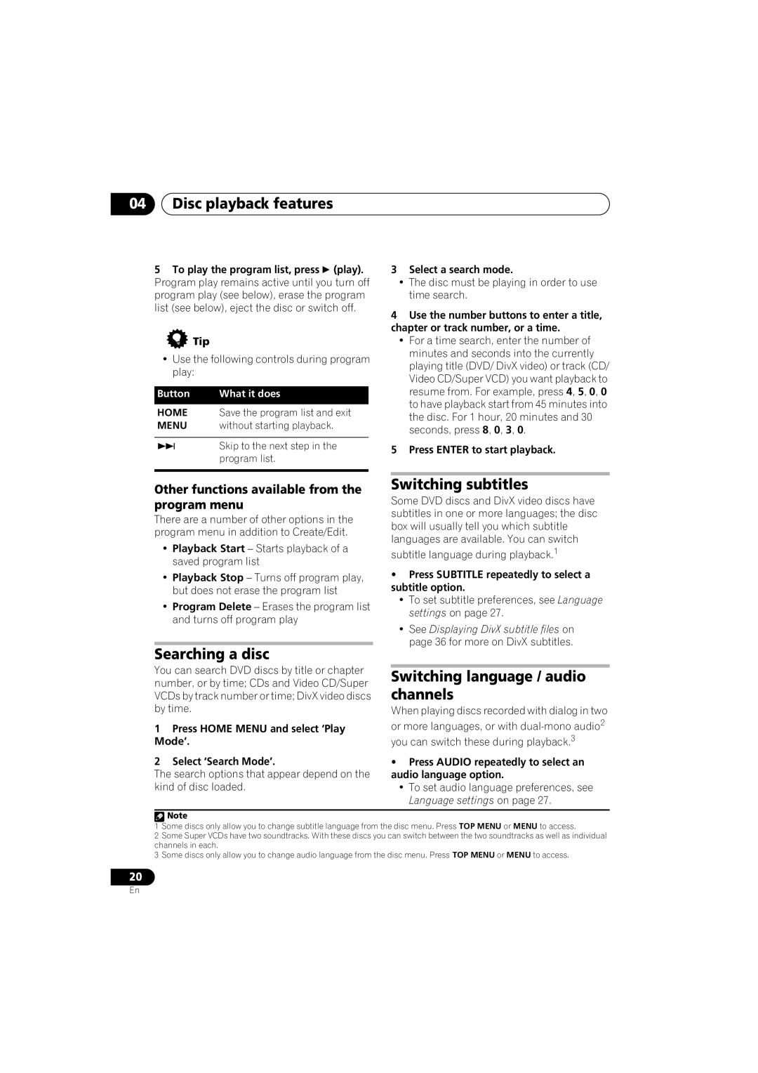 Pioneer DCS-353 operating instructions Searching a disc Switching subtitles, Switching language / audio channels 