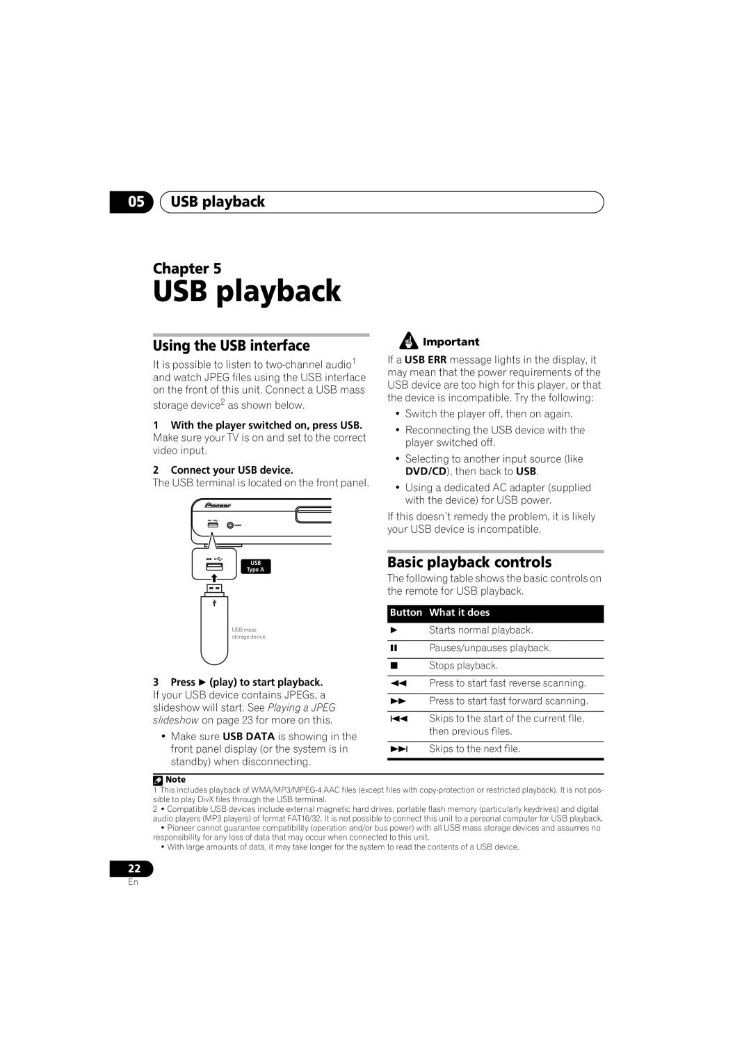 Pioneer DCS-353 operating instructions USB playback Chapter, Using the USB interface, Basic playback controls 