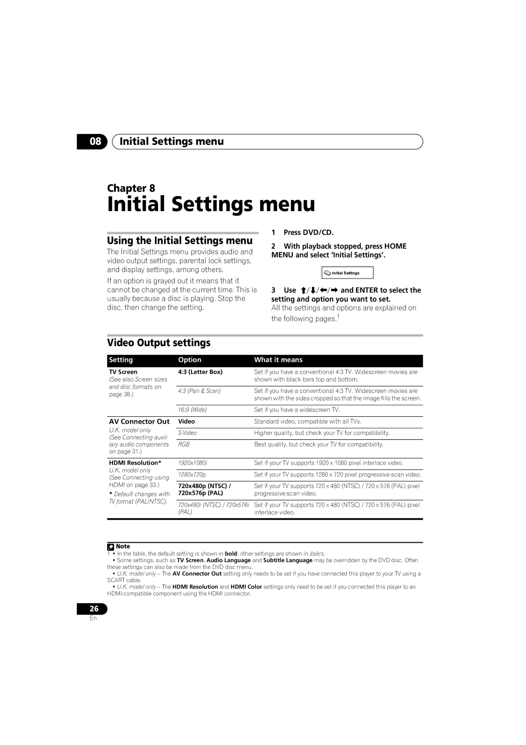 Pioneer DCS-353 Initial Settings menu Chapter, Using the Initial Settings menu, Video Output settings 