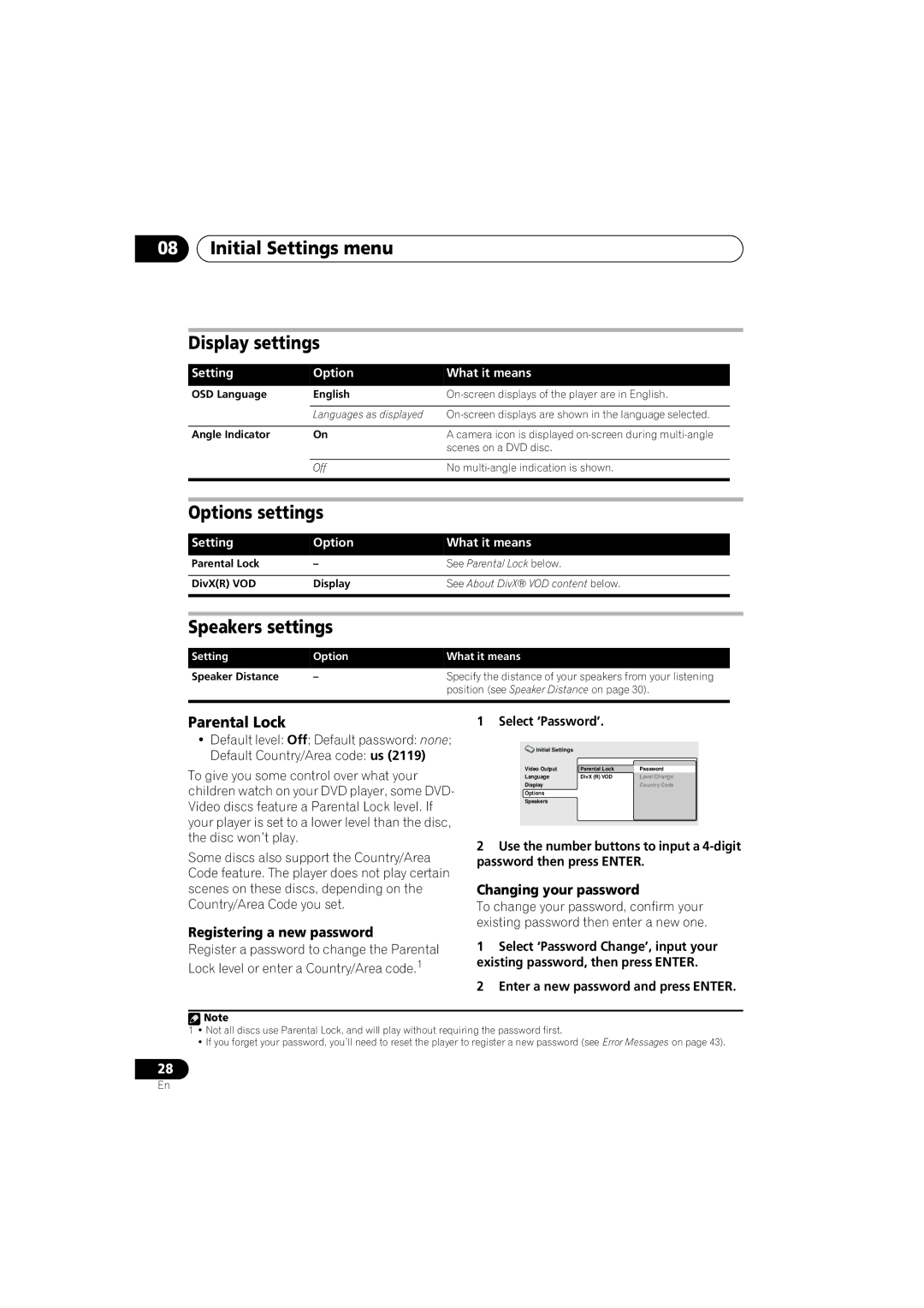 Pioneer DCS-353 Initial Settings menu Display settings, Options settings, Speakers settings, Parental Lock 